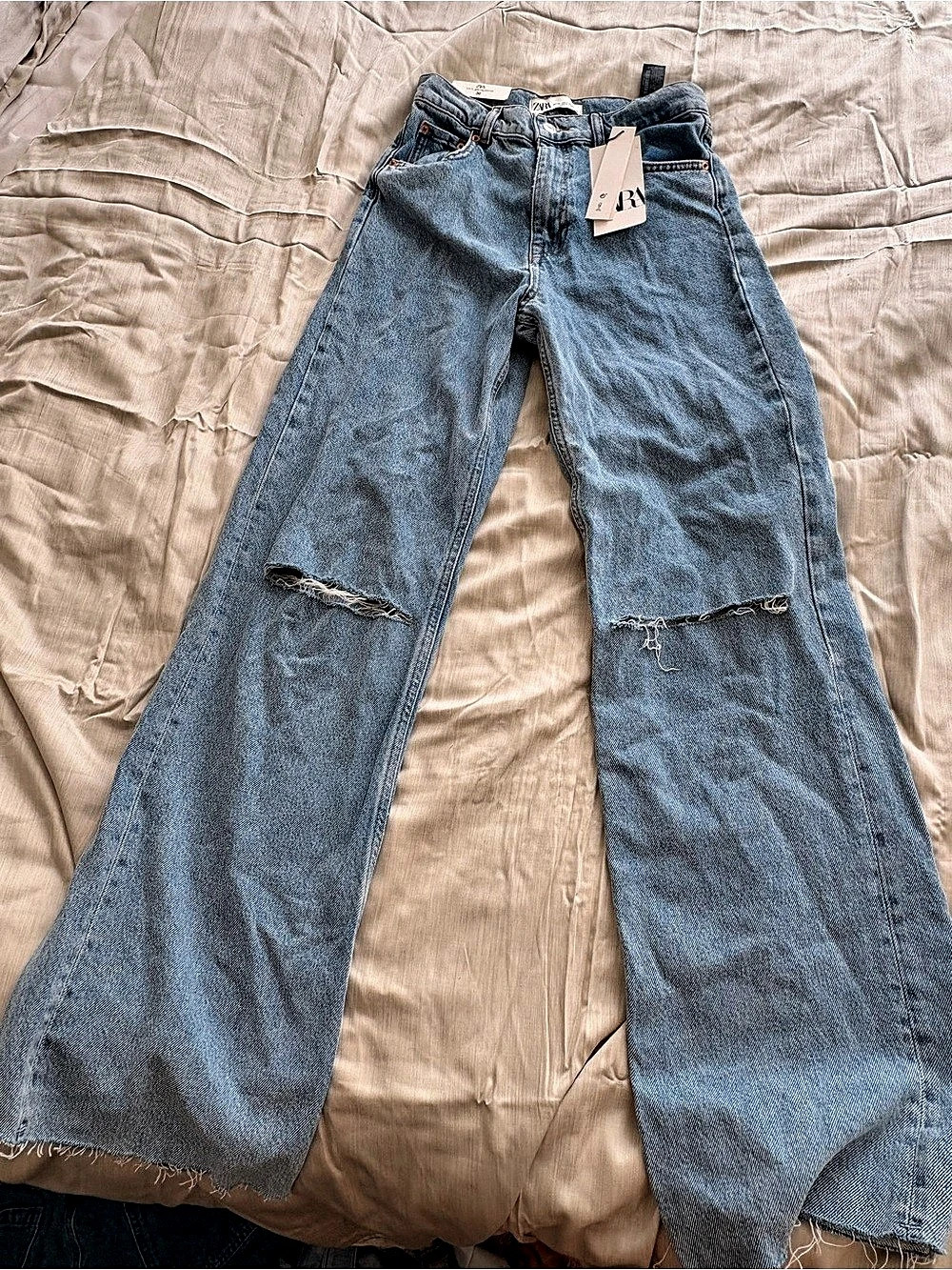 Zara TRF High-Rise Wide-Leg Ripped Jeans Blue